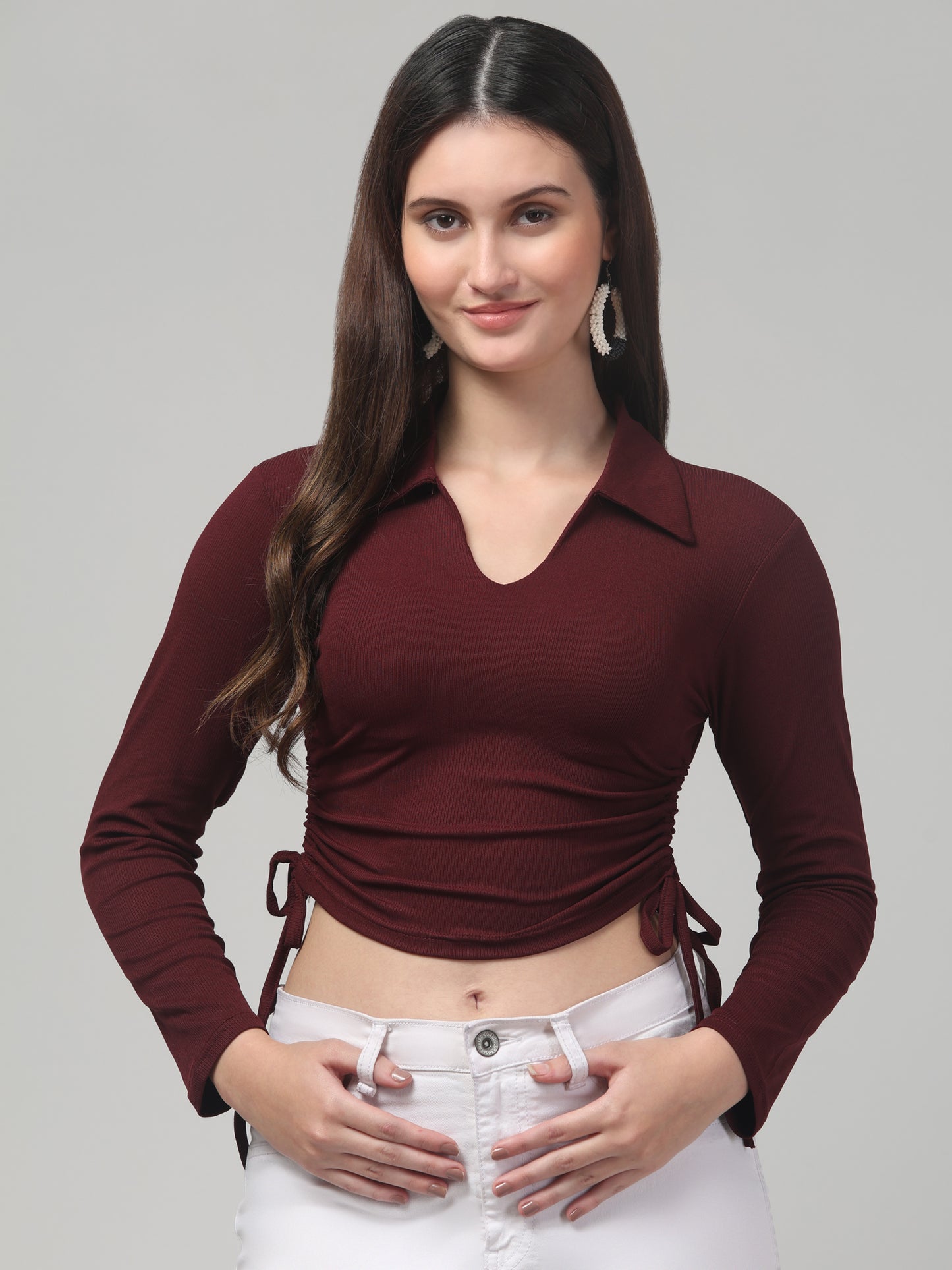 Maroon Solid Crop V Neck Top