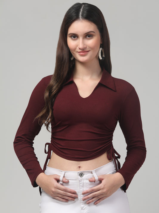 Maroon Solid Crop V Neck Top