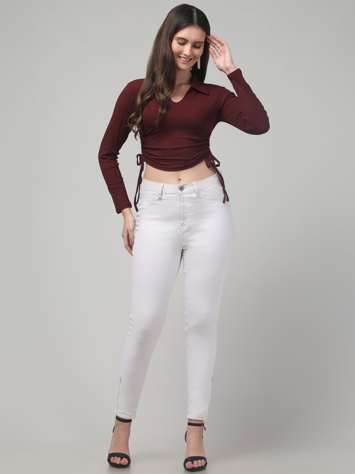 Maroon Solid Crop V Neck Top
