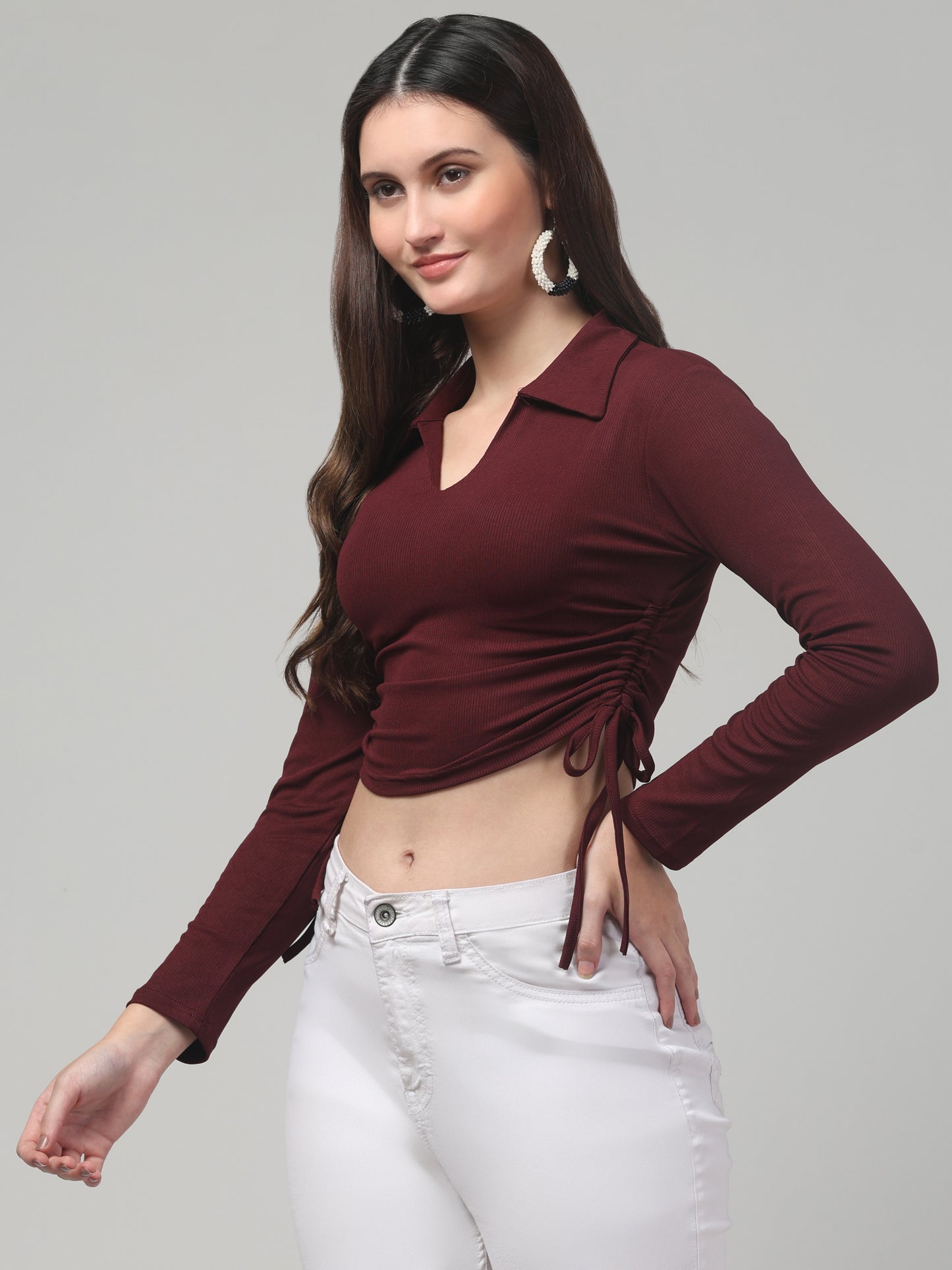 Maroon Solid Crop V Neck Top