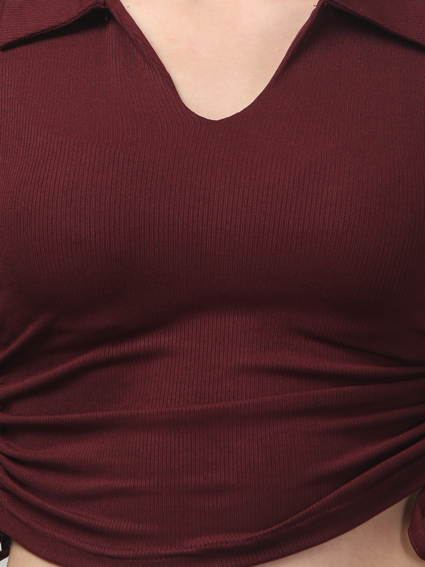 Maroon Solid Crop V Neck Top