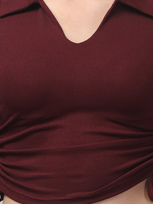 Maroon Solid Crop V Neck Top