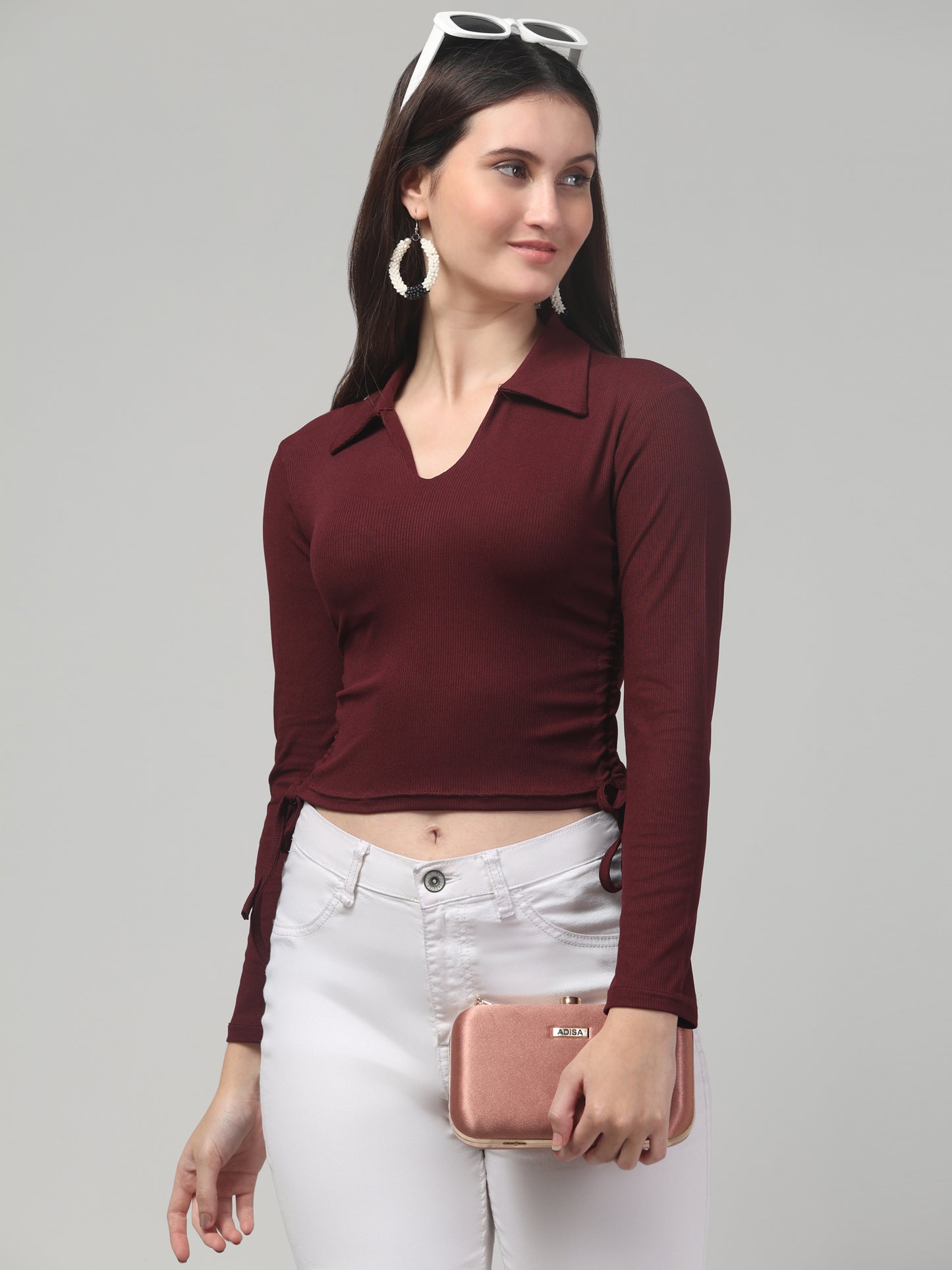 Maroon Solid Crop V Neck Top