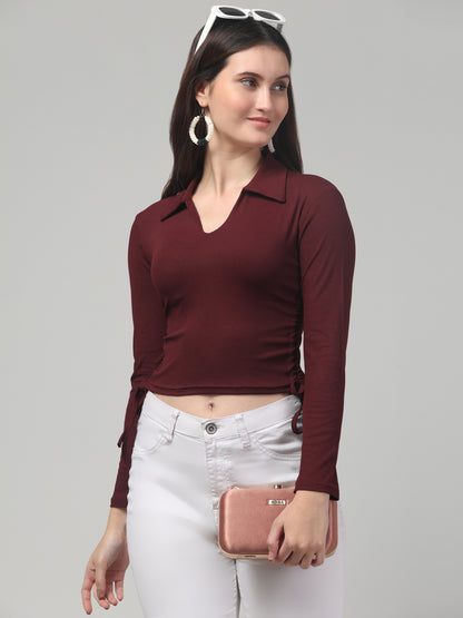 Maroon Solid Crop V Neck Top