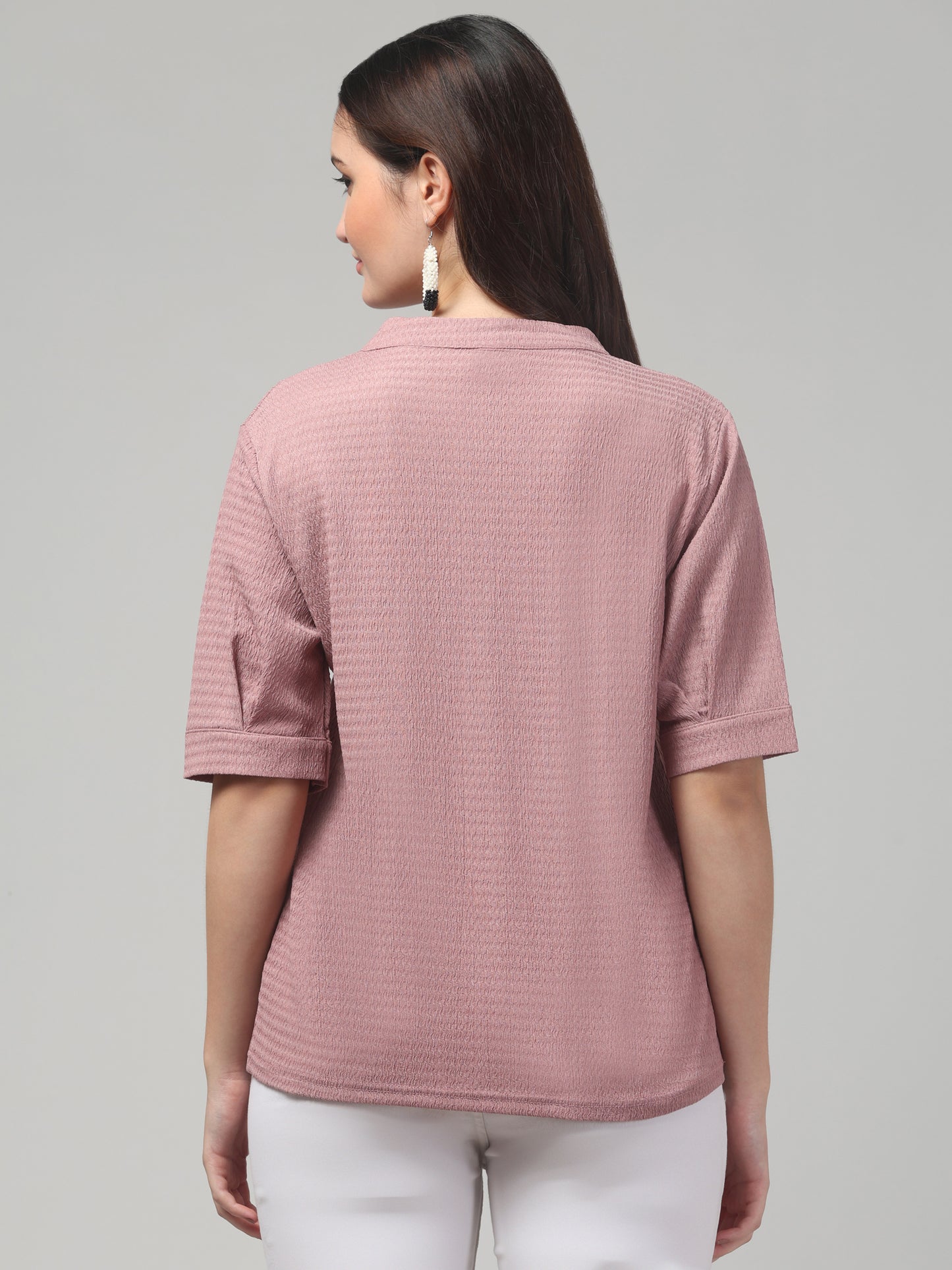 Pink Half Sleeve Textured Top For Womens