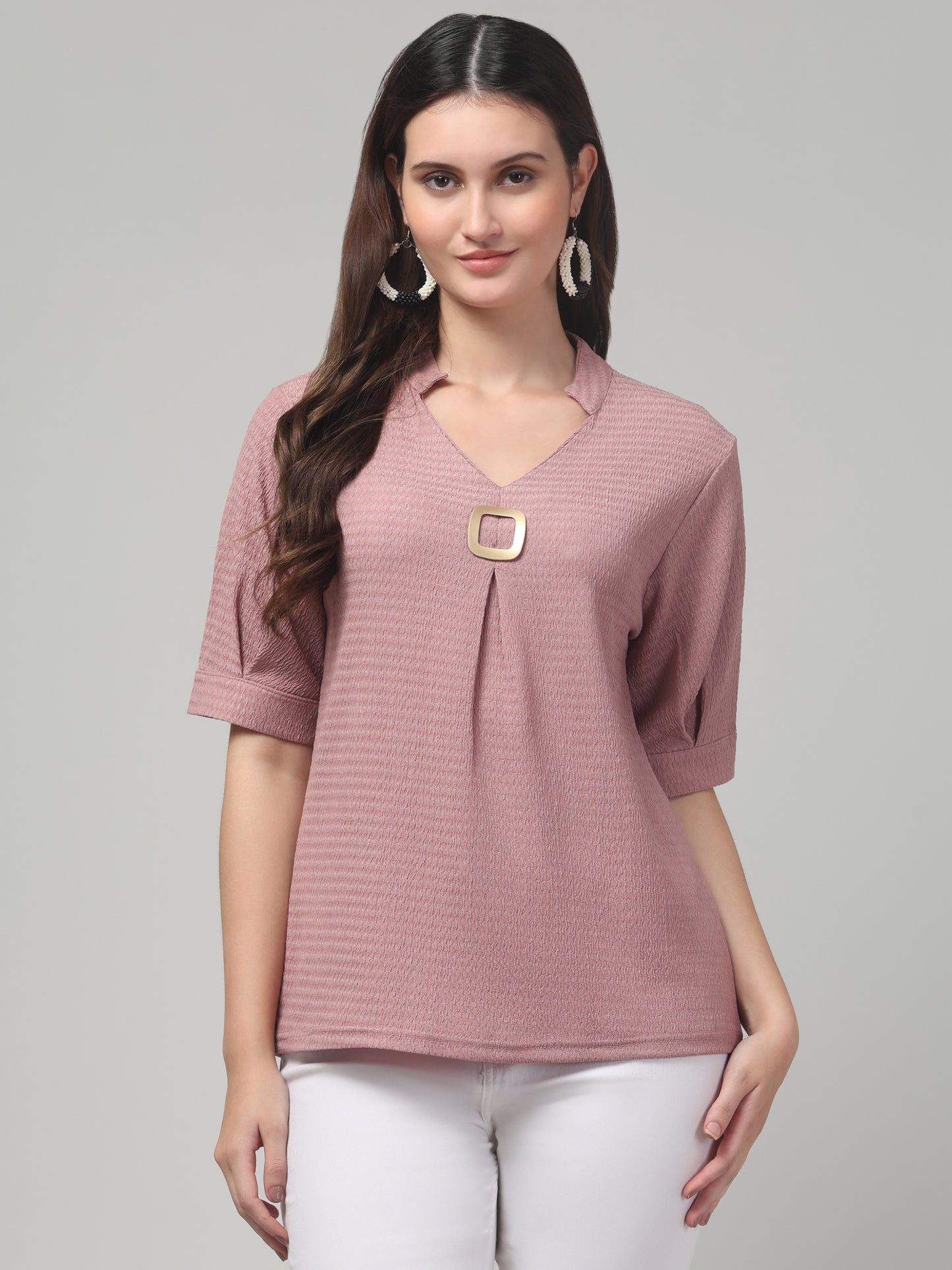 Pink Half Sleeve Textured Top For Womens