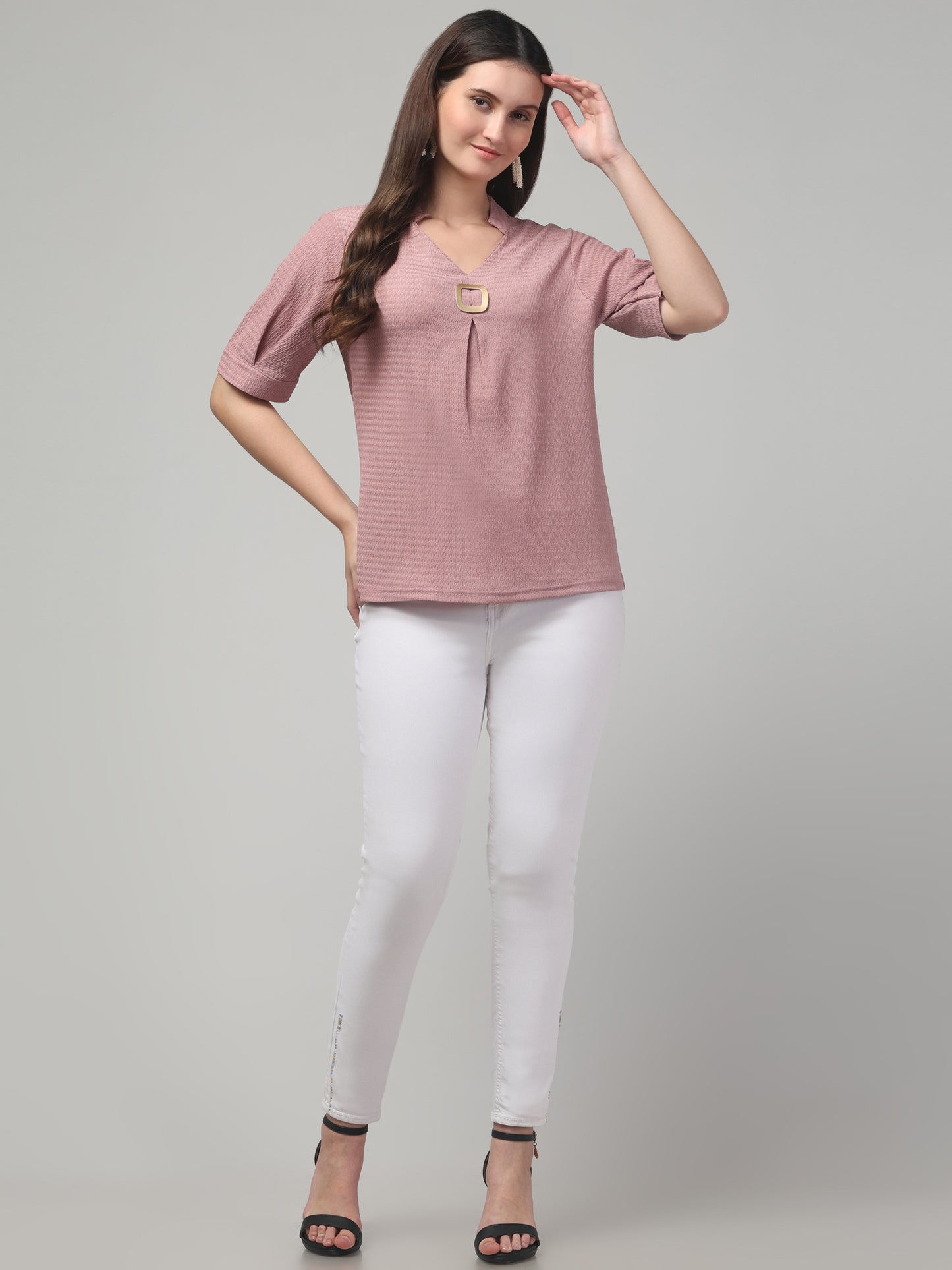 Pink Half Sleeve Textured Top For Womens