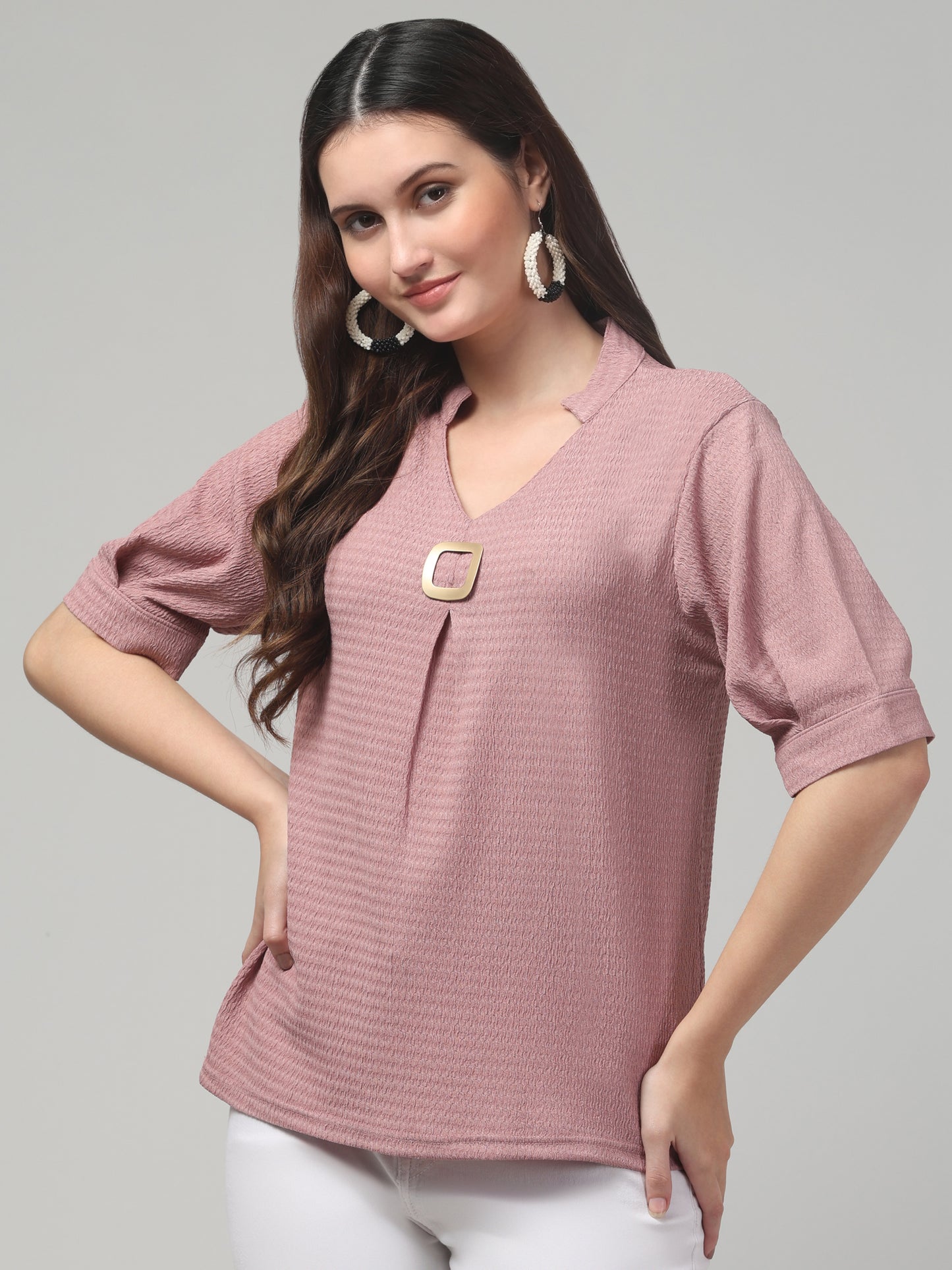 Pink Half Sleeve Textured Top For Womens