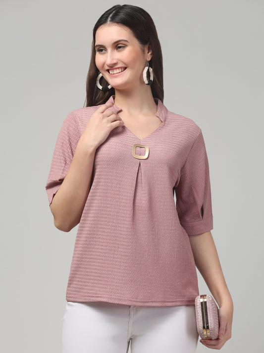 Pink Half Sleeve Textured Top For Womens