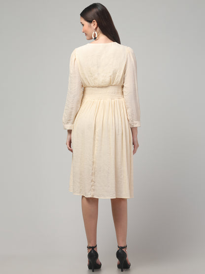 Off White Full Sleeve Midi Flare Dress