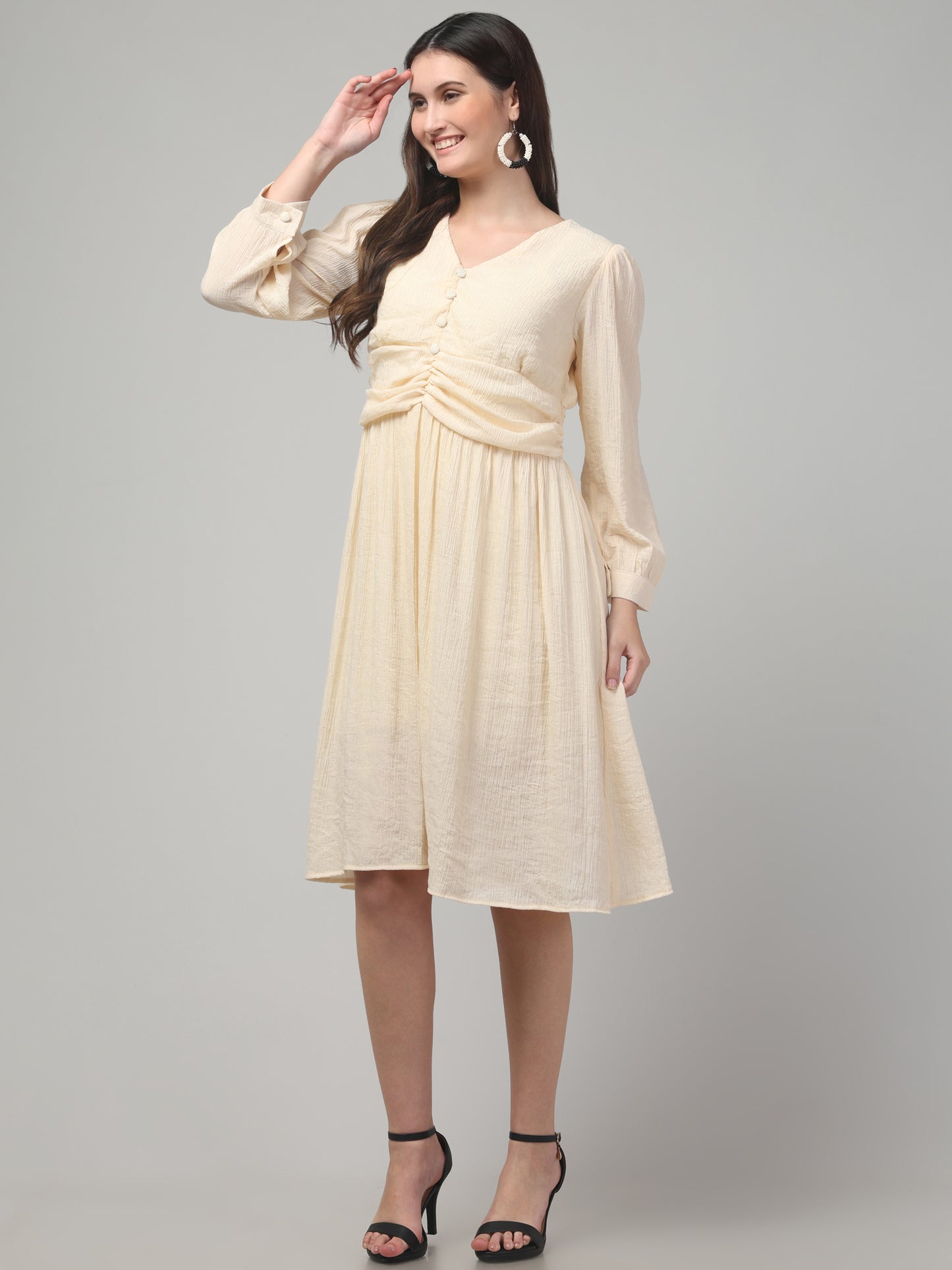 Off White Full Sleeve Midi Flare Dress