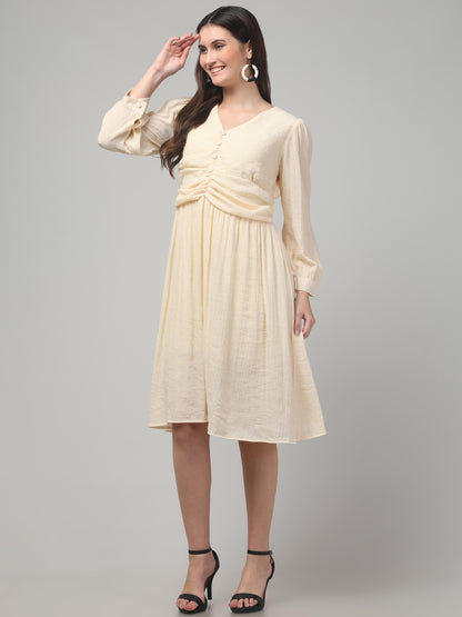 Off White Full Sleeve Midi Flare Dress