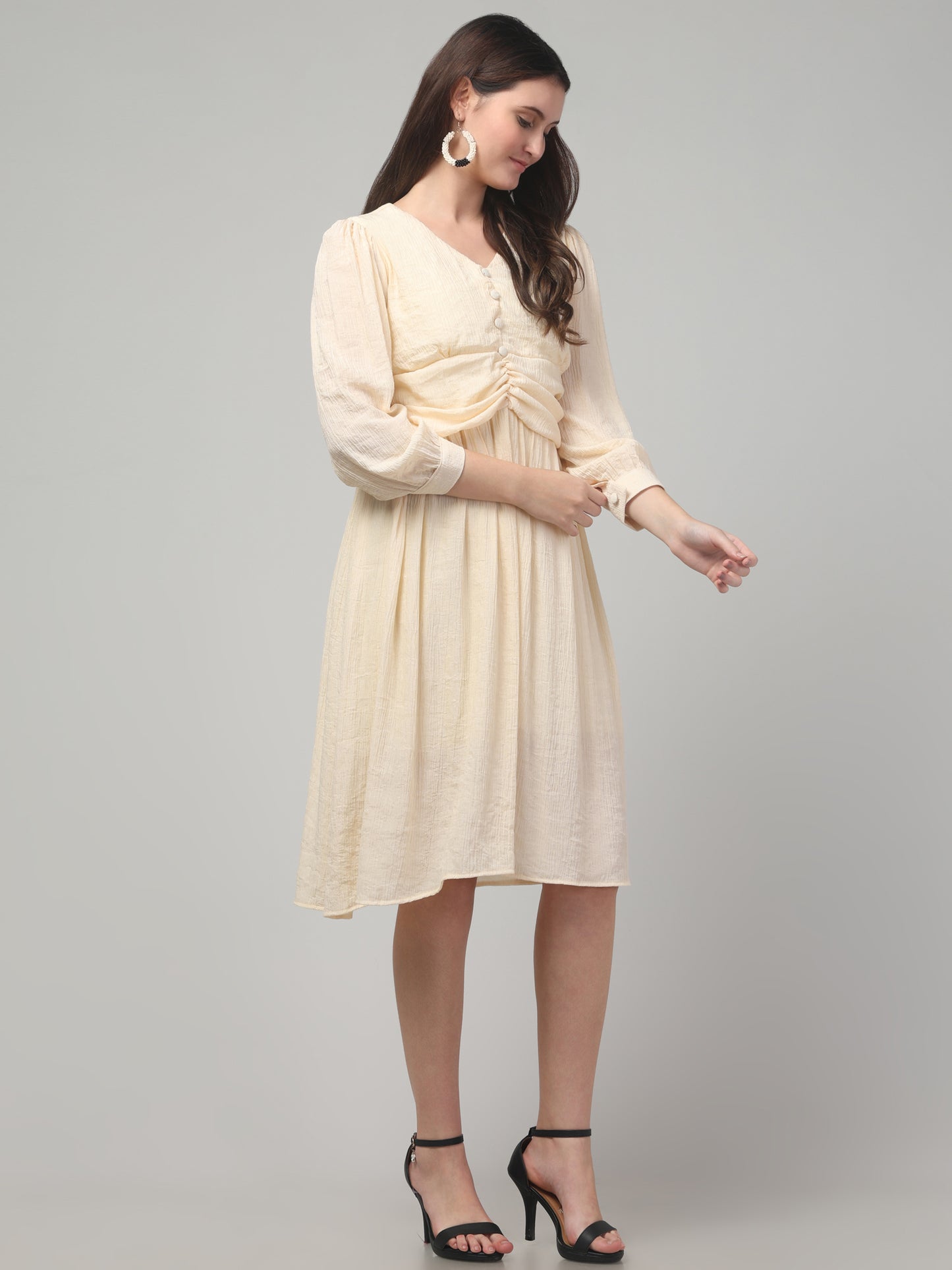 Off White Full Sleeve Midi Flare Dress