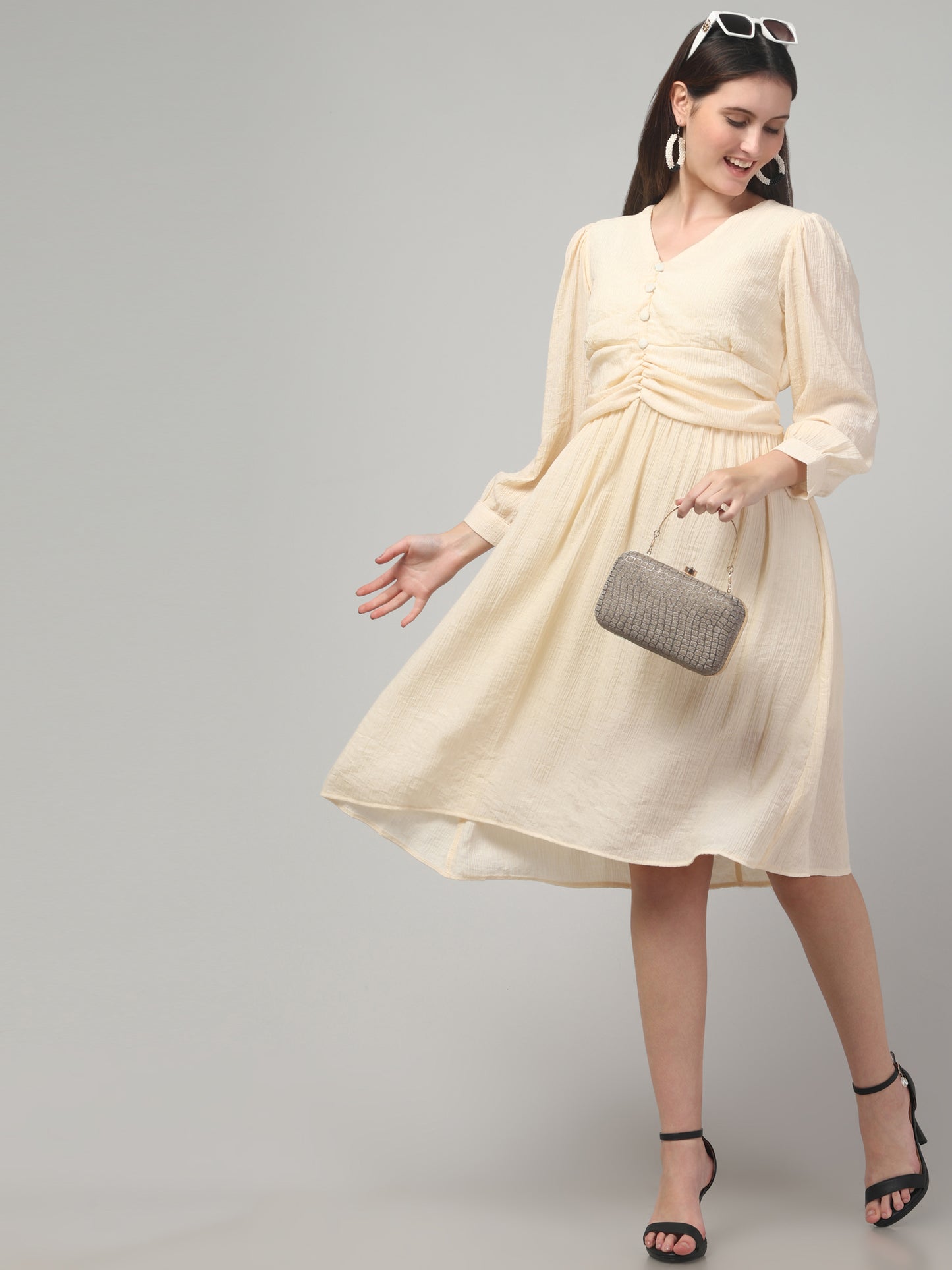 Off White Full Sleeve Midi Flare Dress
