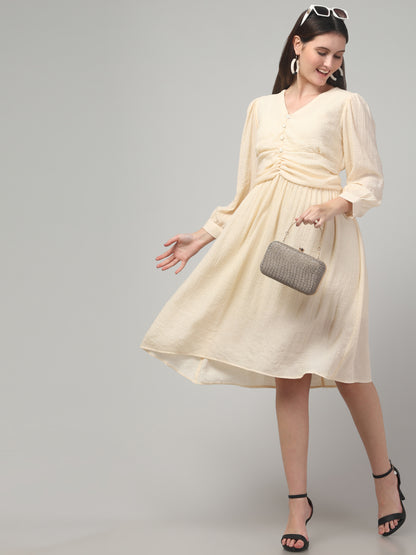 Off White Full Sleeve Midi Flare Dress