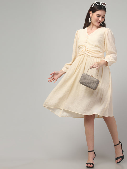 Off White Full Sleeve Midi Flare Dress