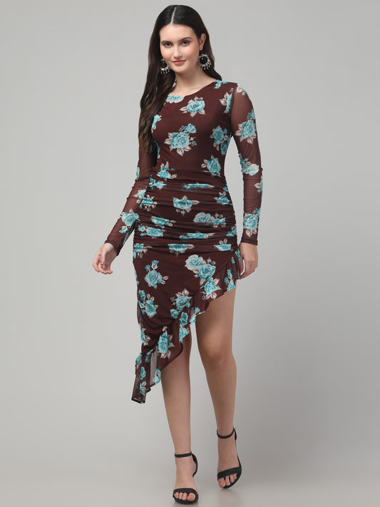 Brown Floral Party Dress For Womens