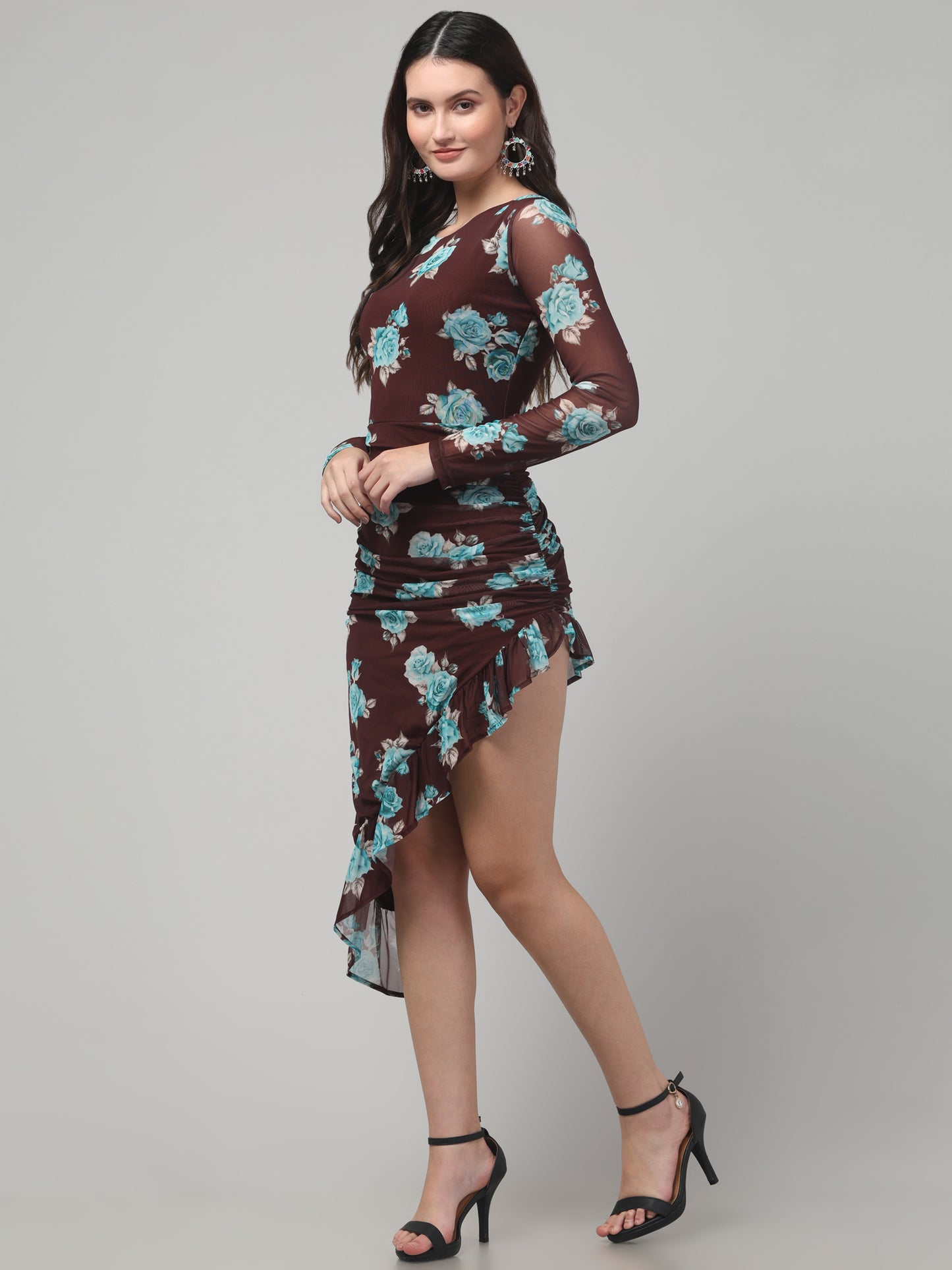 Brown Floral Party Dress For Womens