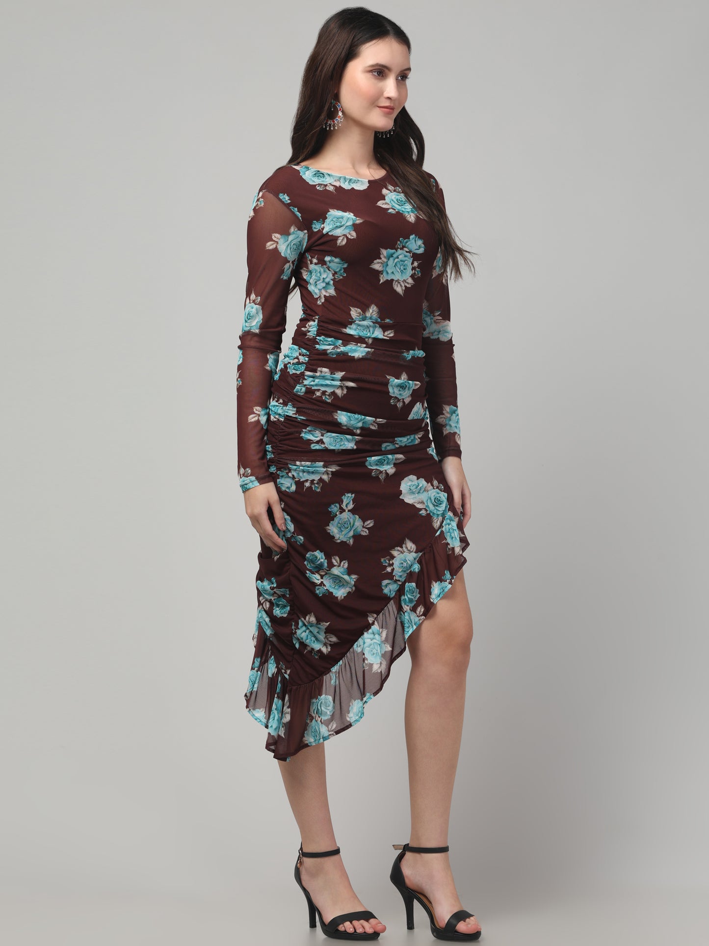 Brown Floral Party Dress For Womens