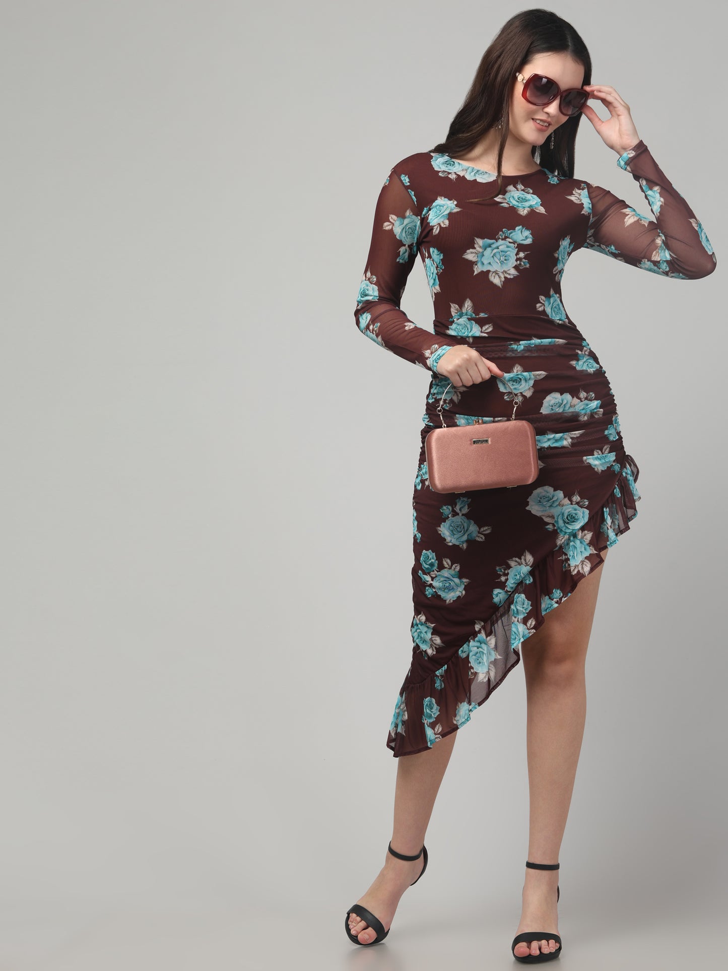 Brown Floral Party Dress For Womens