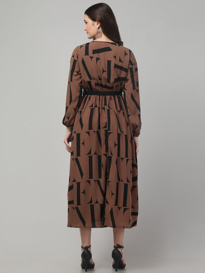 Brown Printed Fancy Dress For Womens