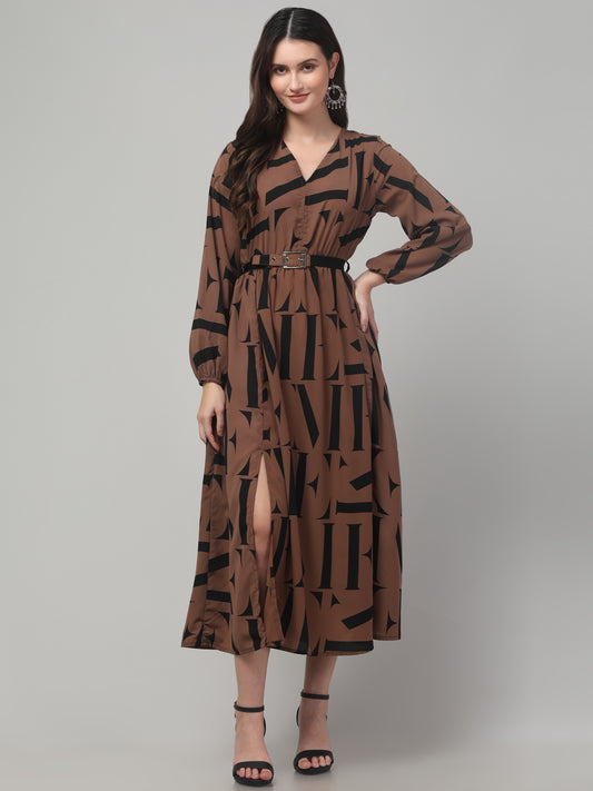 Brown Printed Fancy Dress For Womens