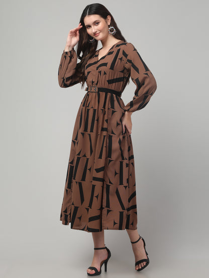 Brown Printed Fancy Dress For Womens