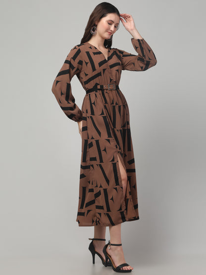 Brown Printed Fancy Dress For Womens