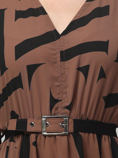 Brown Printed Fancy Dress For Womens