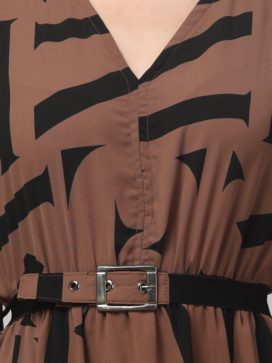 Brown Printed Fancy Dress For Womens