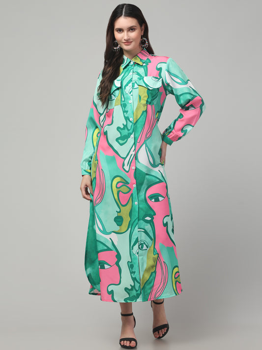 Multicolor Western Shirt Style Dress For Womens