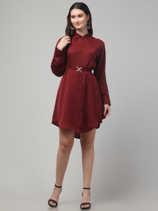 Maroon Shirt Style Dress For Womens