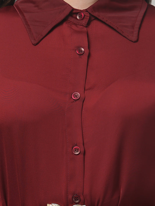 Maroon Shirt Style Dress For Womens