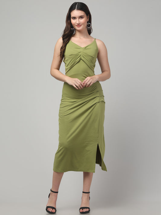 Green Sleeveless Slit Midi Dress For Womens