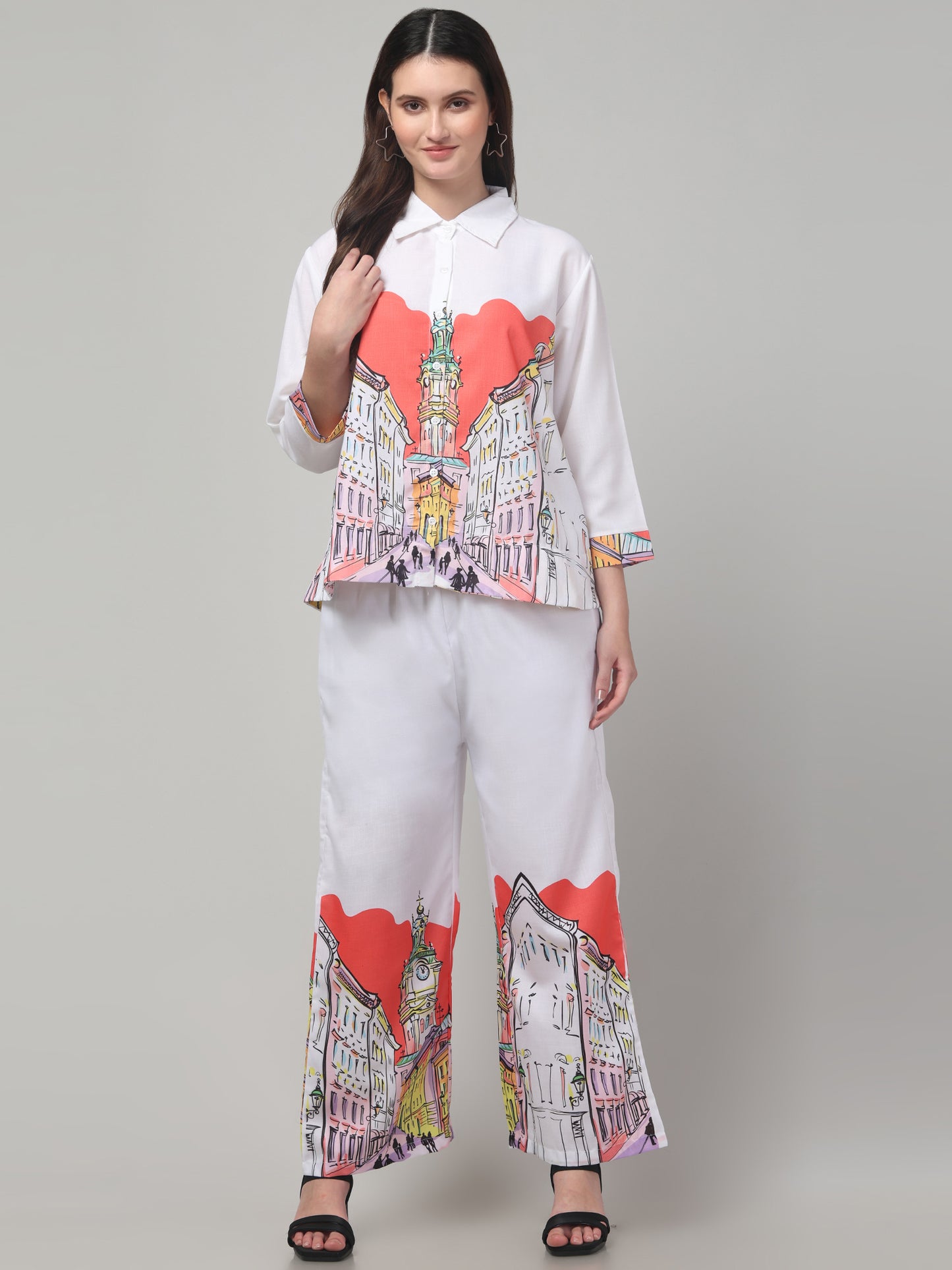 White Printed Co ord Set For Womens