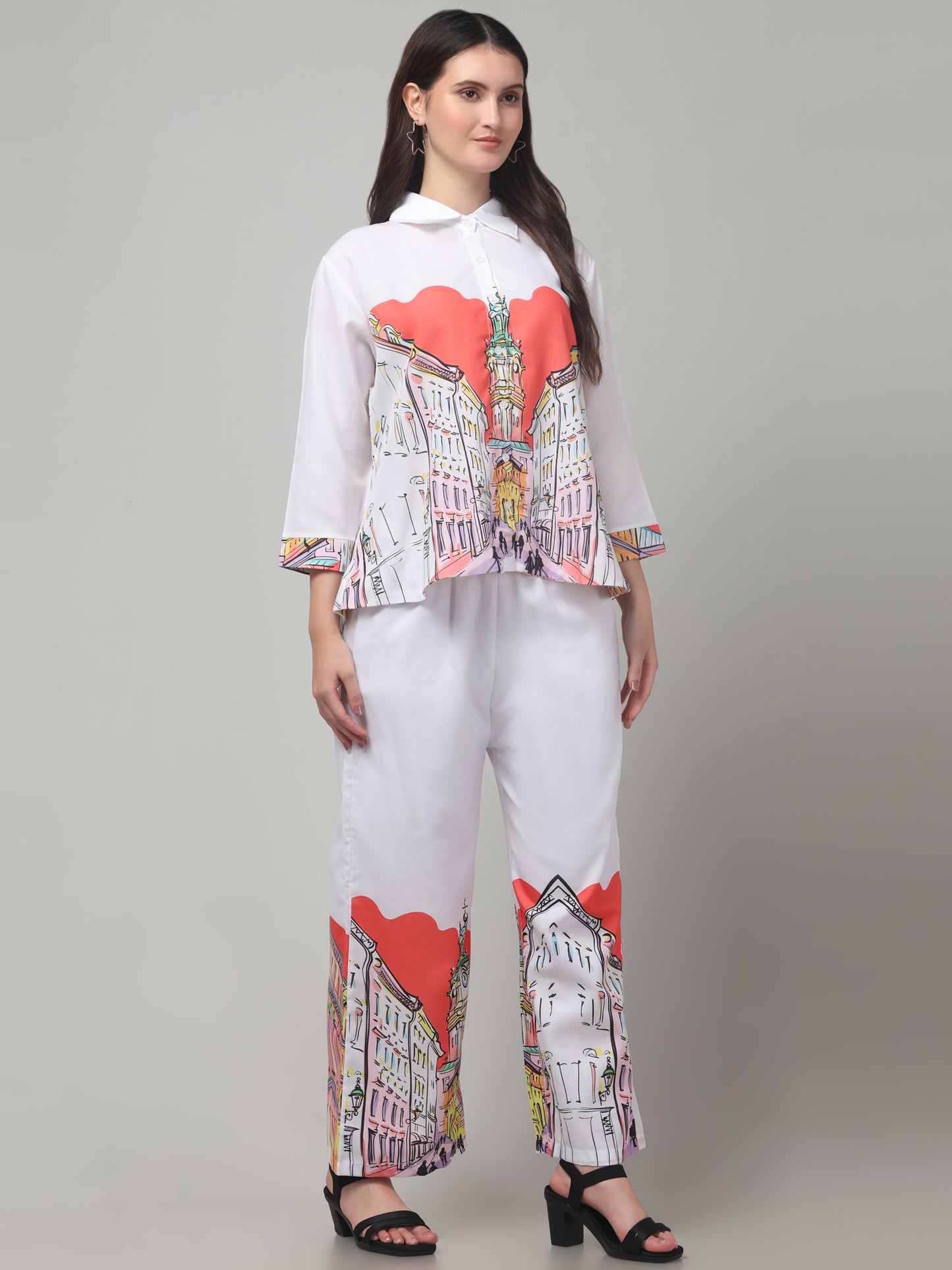 White Printed Co ord Set For Womens