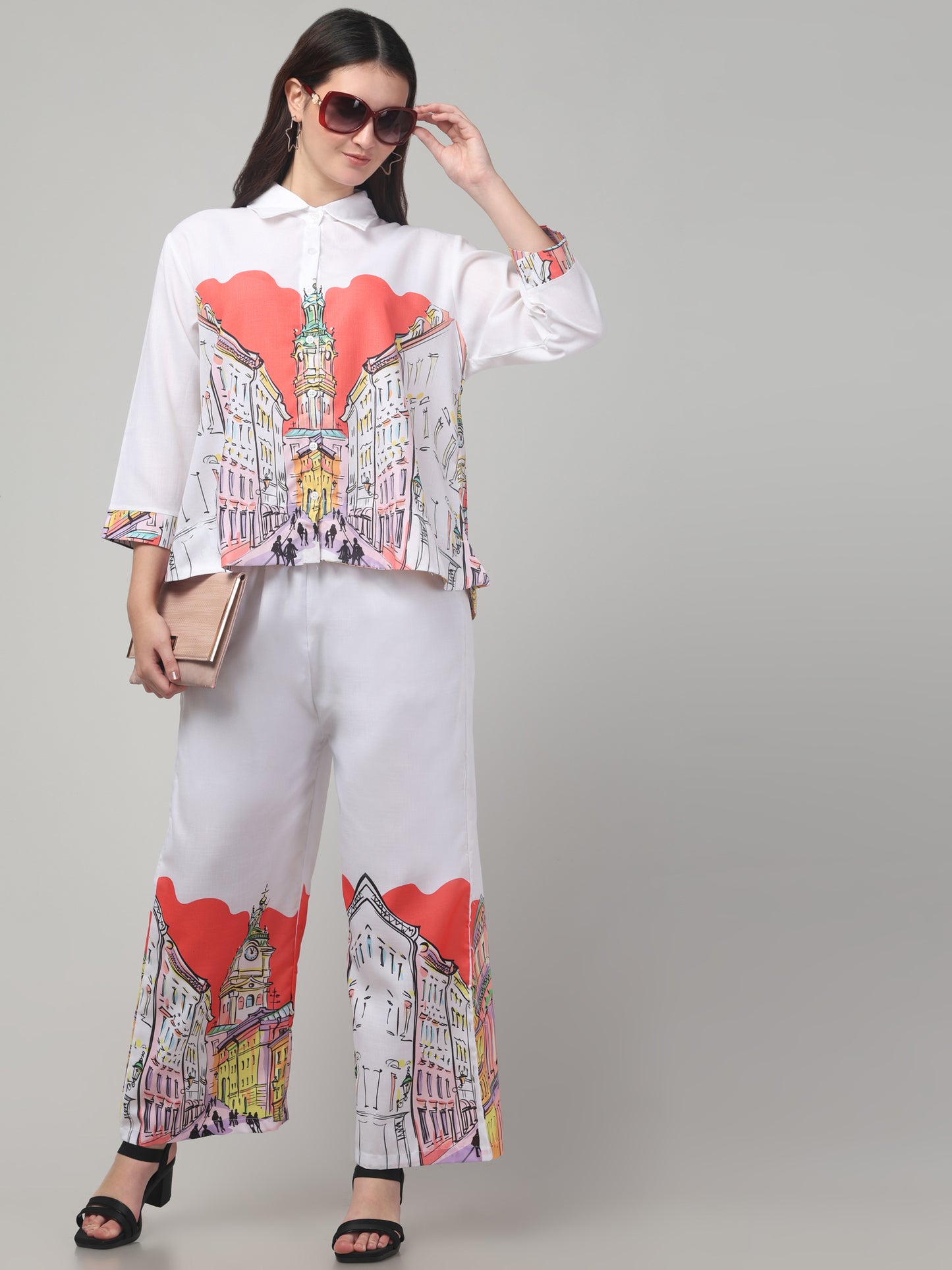 White Printed Co ord Set For Womens