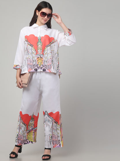 White Printed Co ord Set For Womens