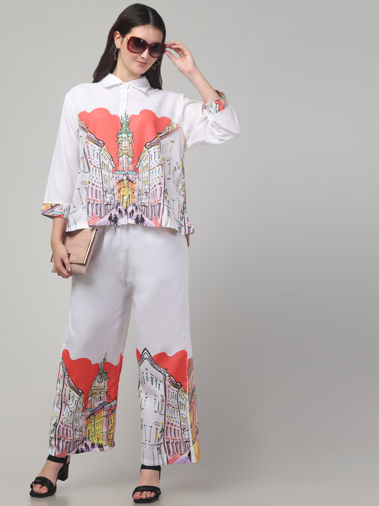 White Printed Co ord Set For Womens