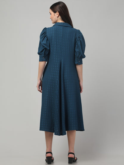 Blue Textured A Line Cute Dress For Womens