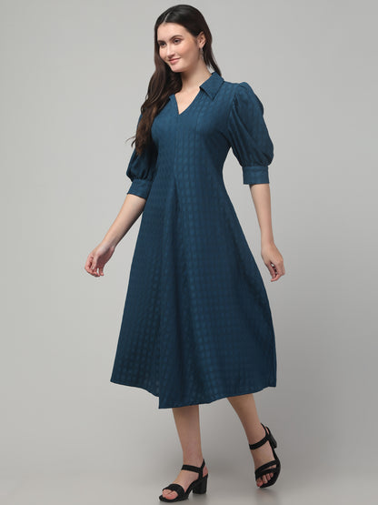 Blue Textured A Line Cute Dress For Womens
