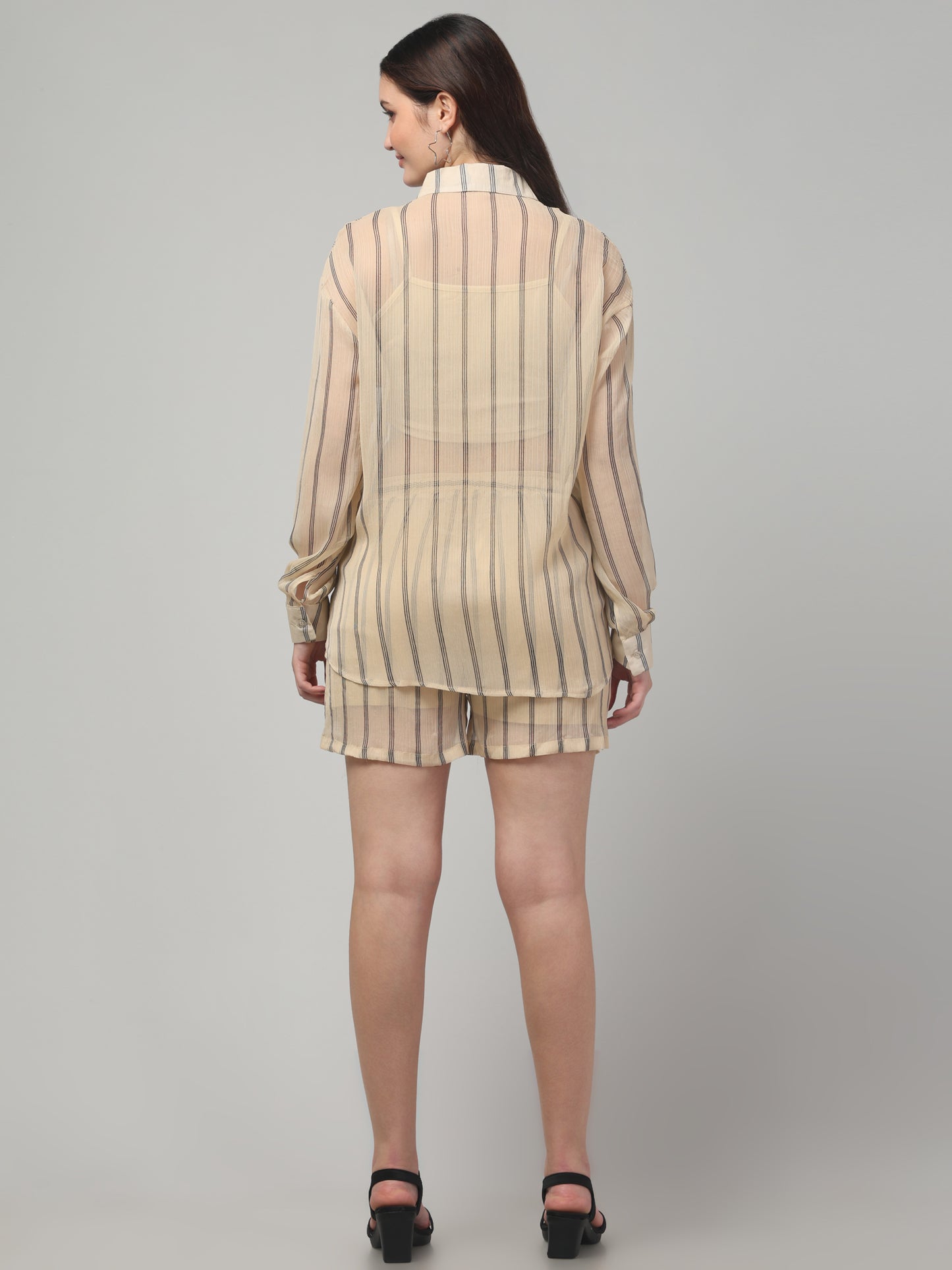 Off White Striped Short Co ord Set for Womens