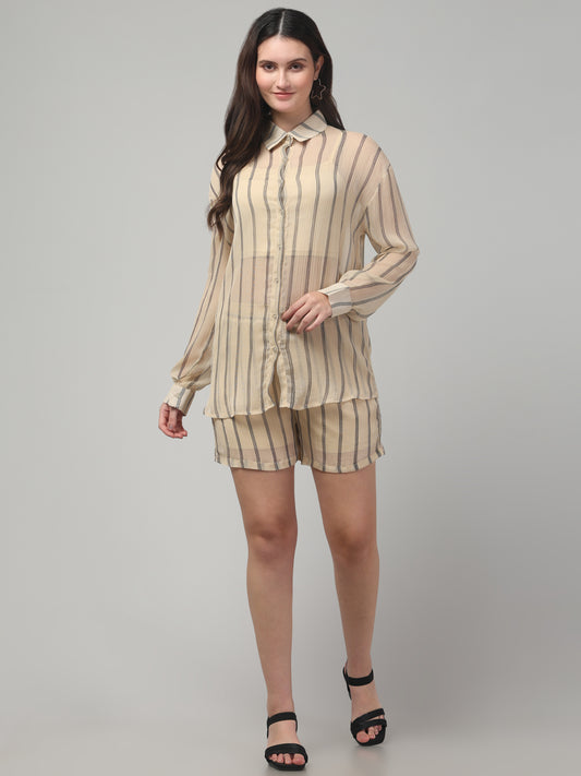 Off White Striped Short Co ord Set for Womens