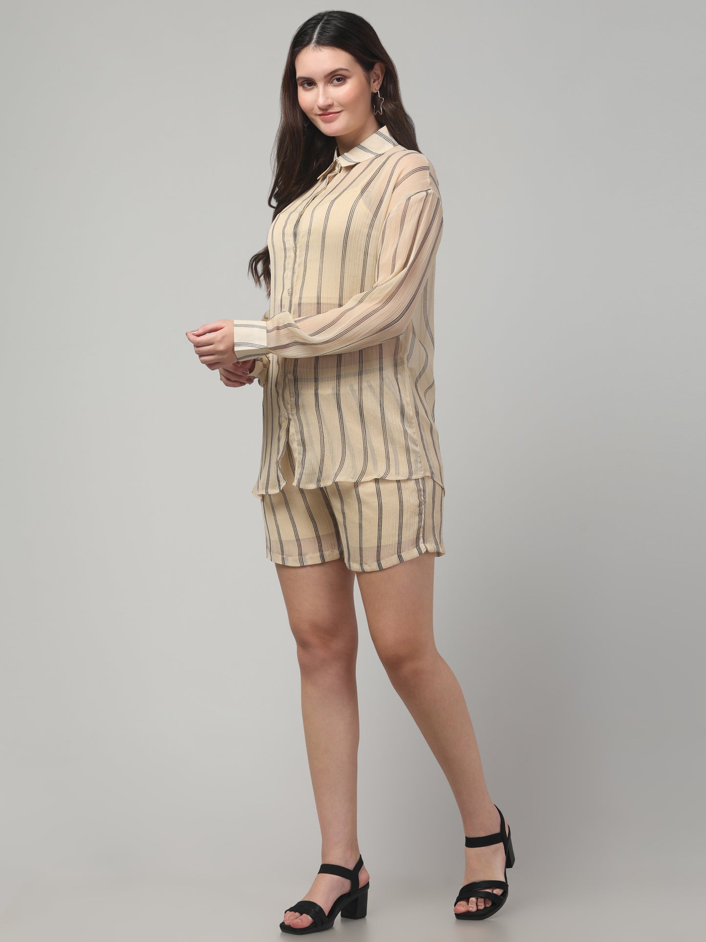 Off White Striped Short Co ord Set for Womens