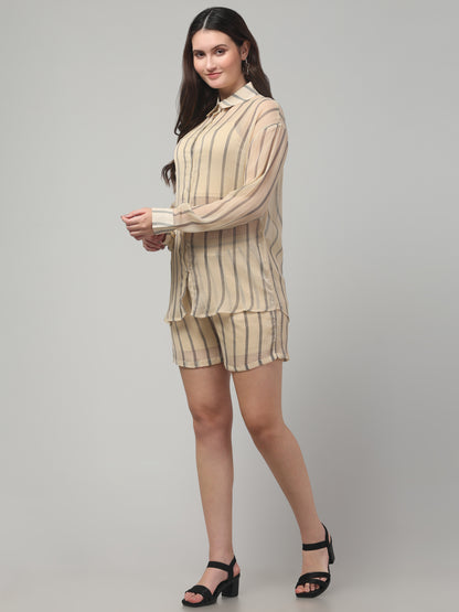 Off White Striped Short Co ord Set for Womens