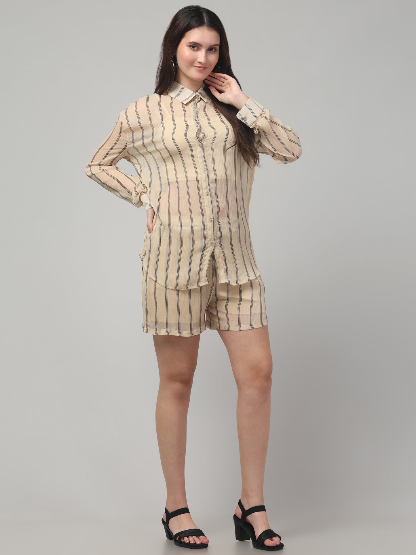 Off White Striped Short Co ord Set for Womens