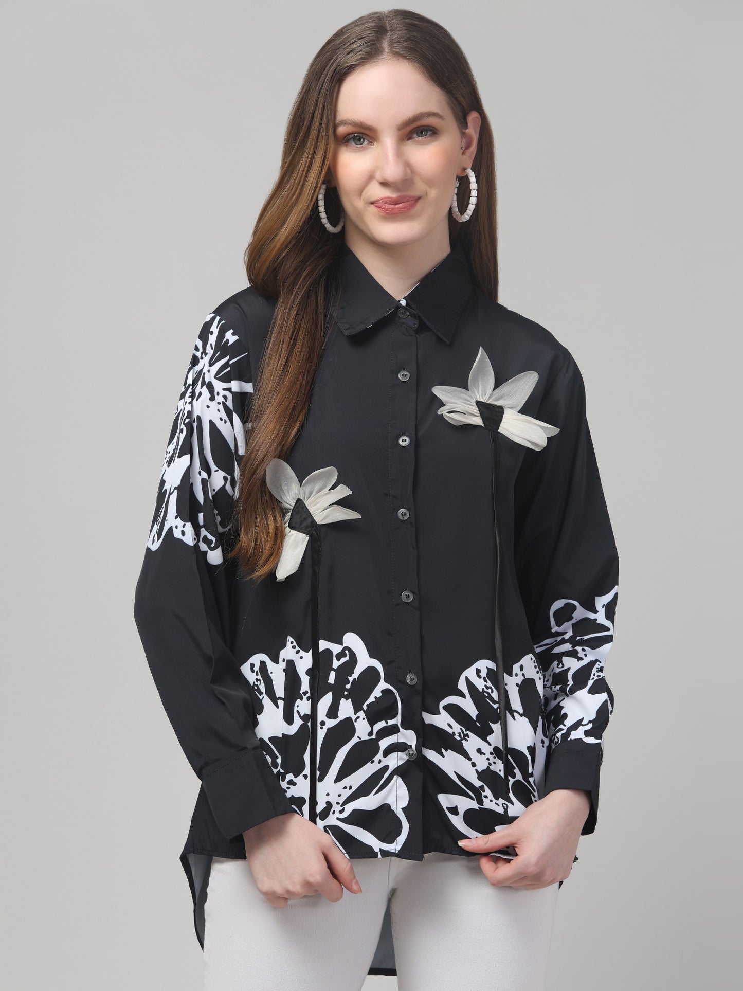 Black Floral Print Shirt for Womens
