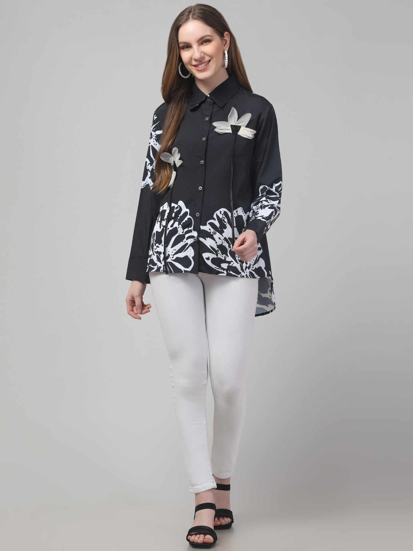 Black Floral Print Shirt for Womens