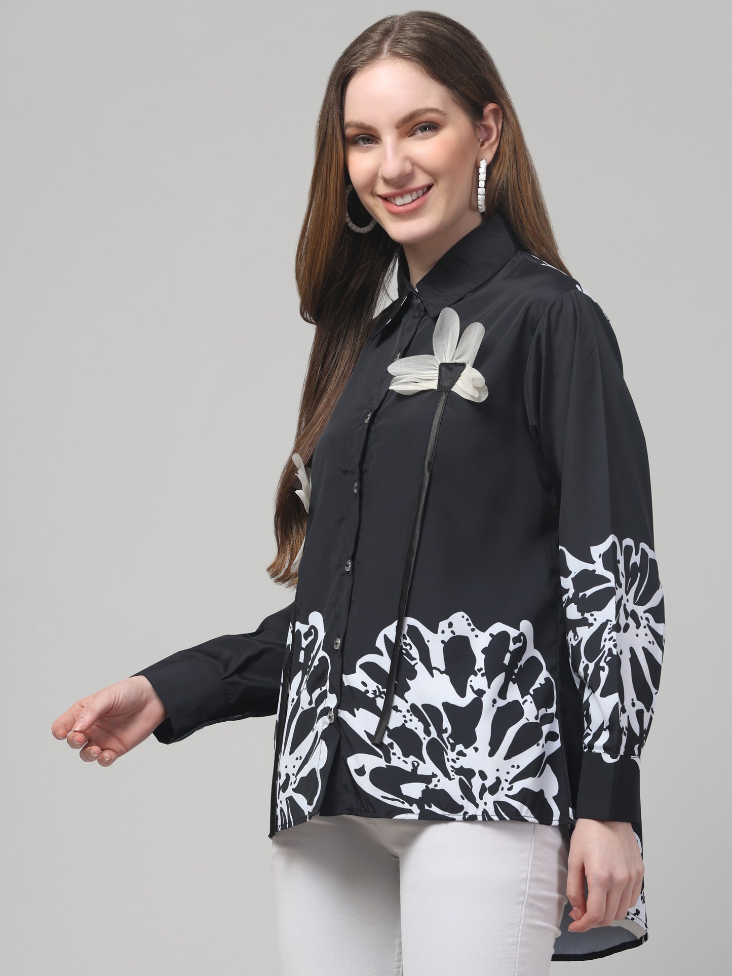 Black Floral Print Shirt for Womens