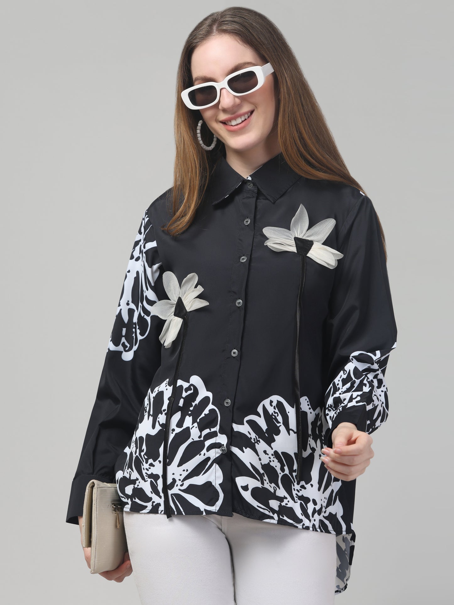 Black Floral Print Shirt for Womens